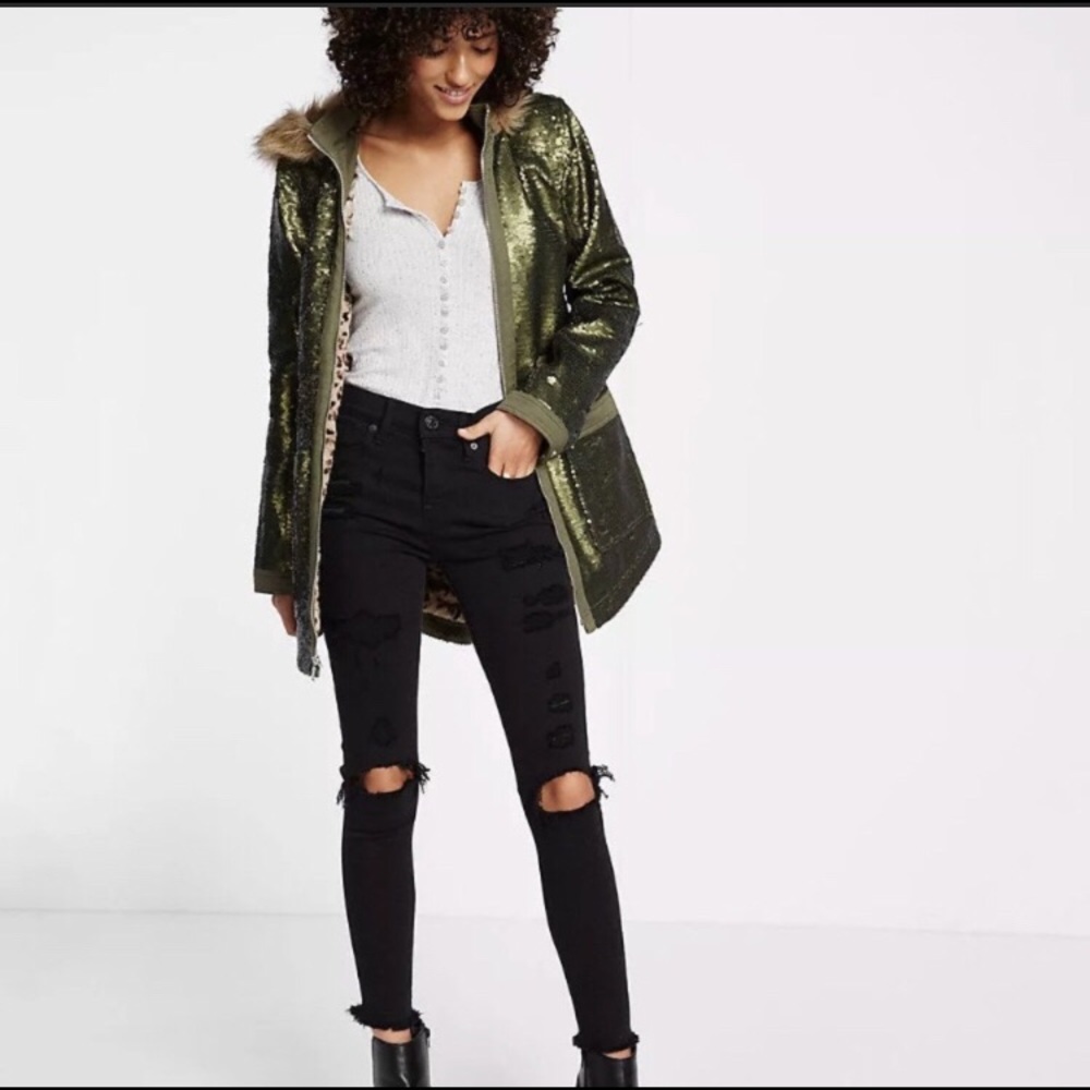 NWT Express Sequin Parka Coat W/ Fur Hood | Glam